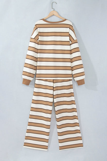 Khaki Stripe Contrast Trim Patchwork Casual Two-Piece Pants Set