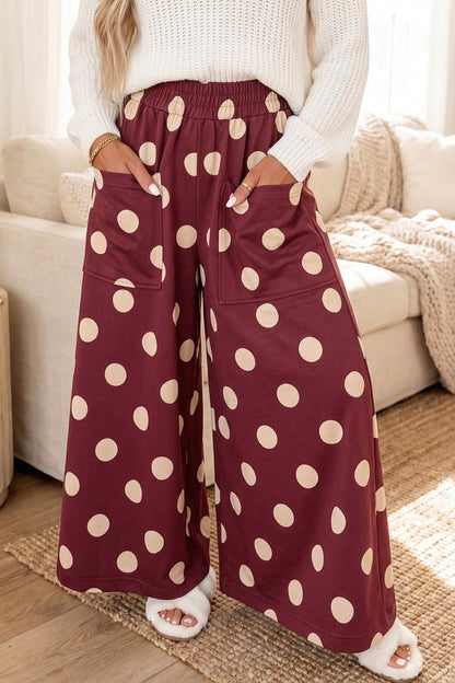 Burgundy Polka Dot Wide Leg Elastic Waist Casual Pants