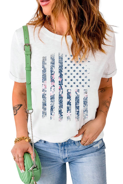 T-shirt graphique à manches courtes avec motif floral et drapeau américain