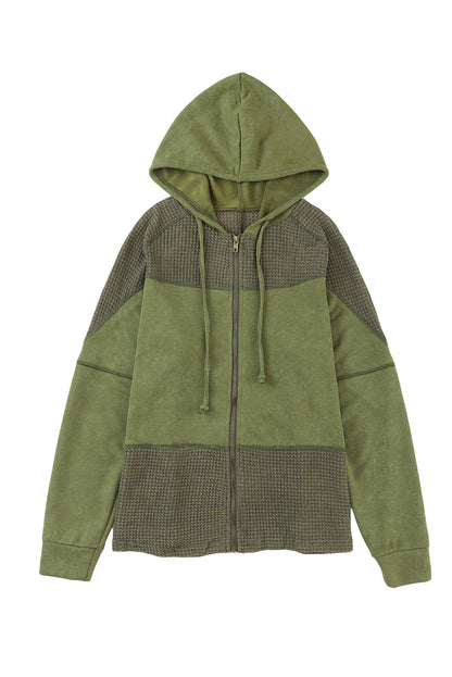 Khaki Waffle Patchwork Vintage Washed Hooded Jacket