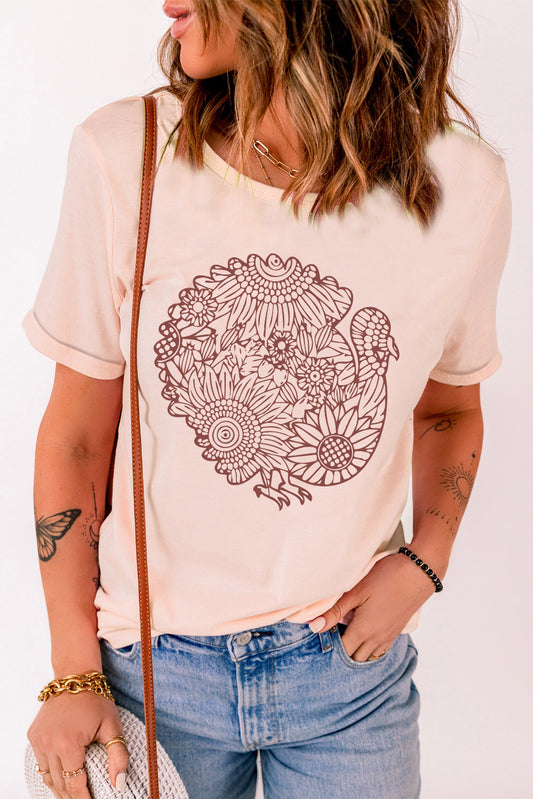 Floral Turkey Shape Print Short Sleeve T Shirt