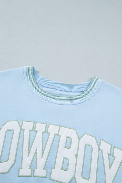 Beau Blue Embroidered Cowboy Letter Print Long Sleeve Round Neck Sweatshirt