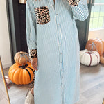 Sky Blue Stripe Contrast Leopard Patchwork Long Shirt Dress with Slits