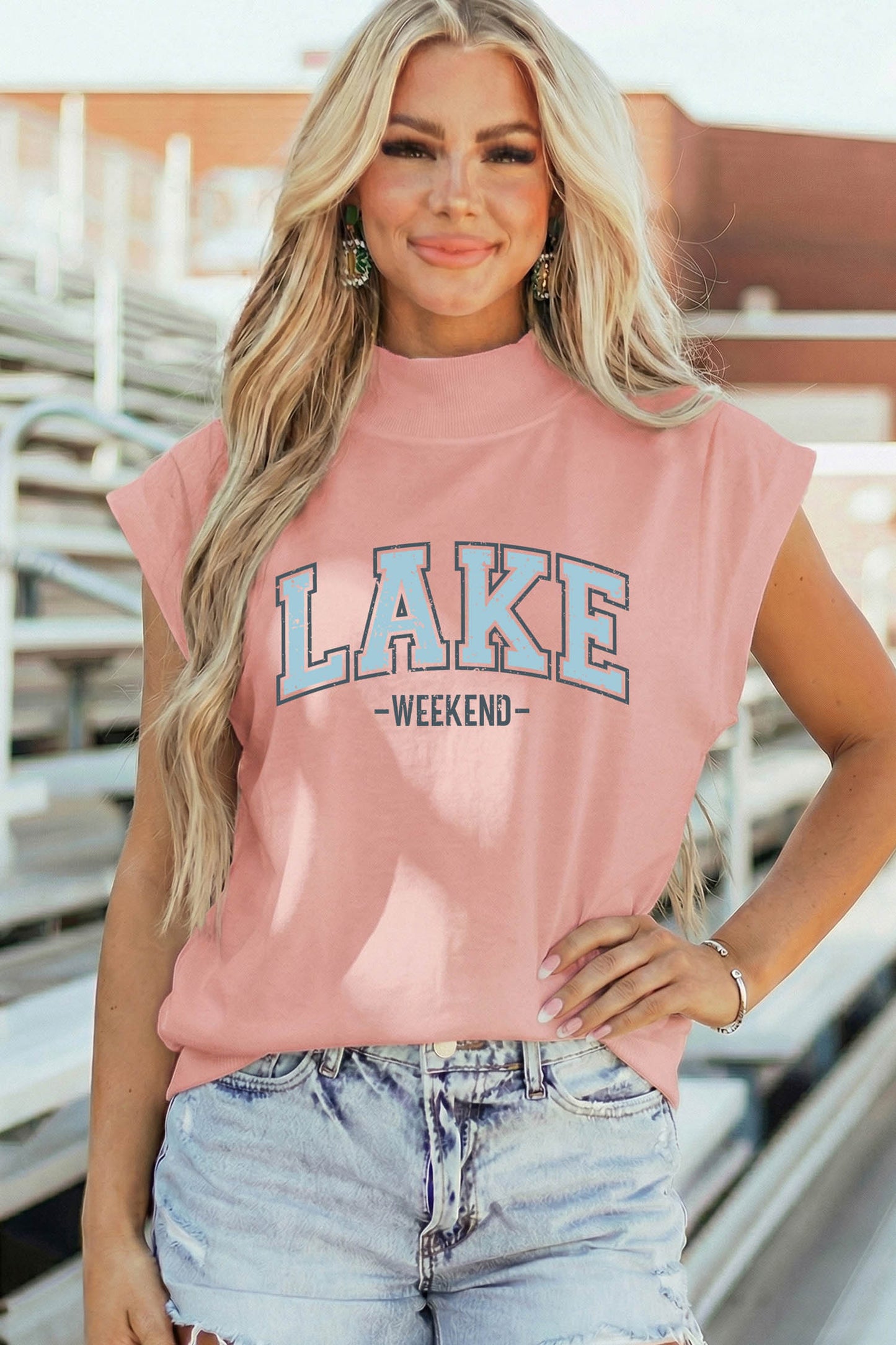 Pink Lake Weekend Graphic High Neck Short Sleeve Top
