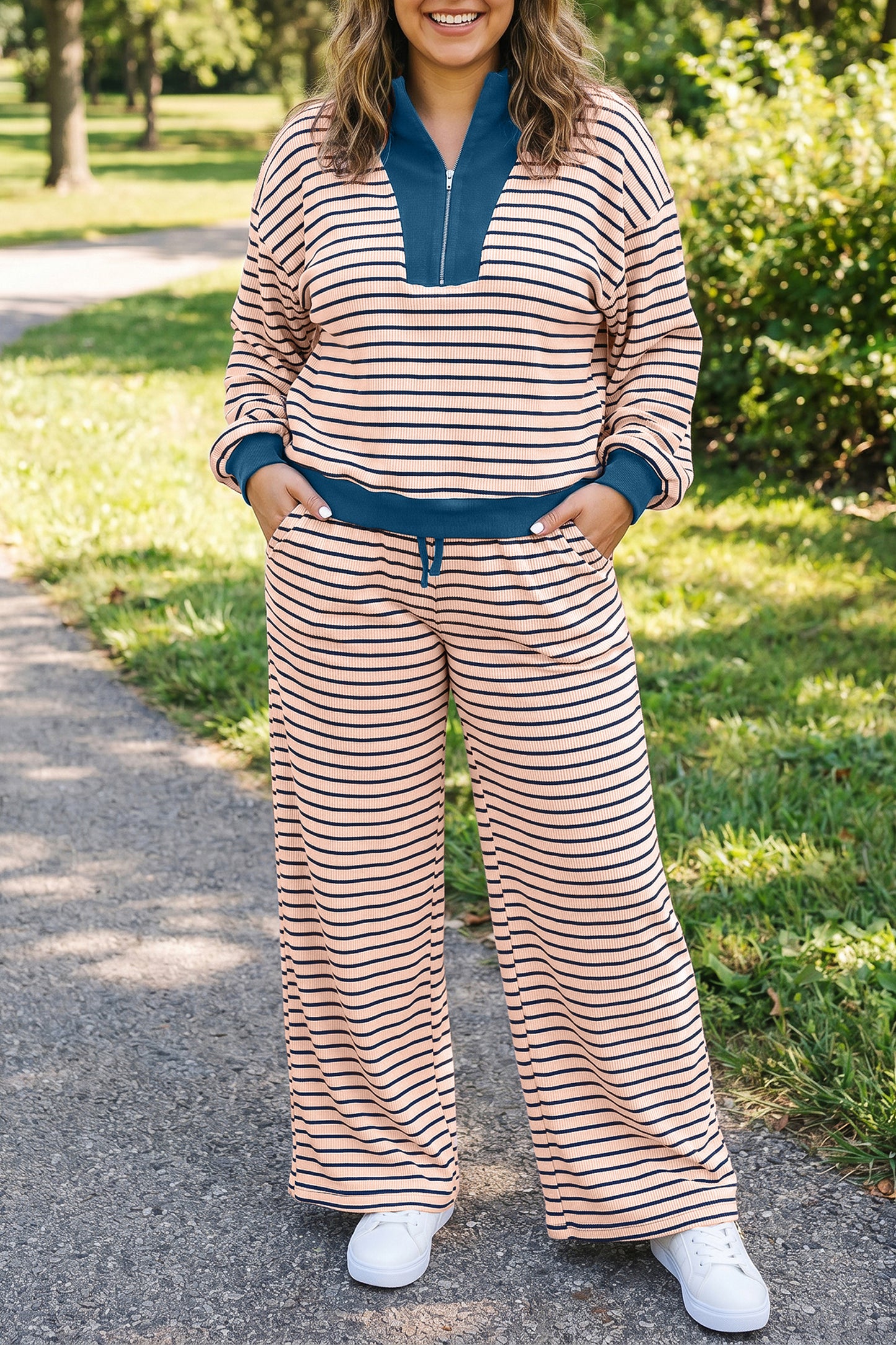 Pink Stripe Striped Colorblock V Neck Long Sleeve Plus Size Set