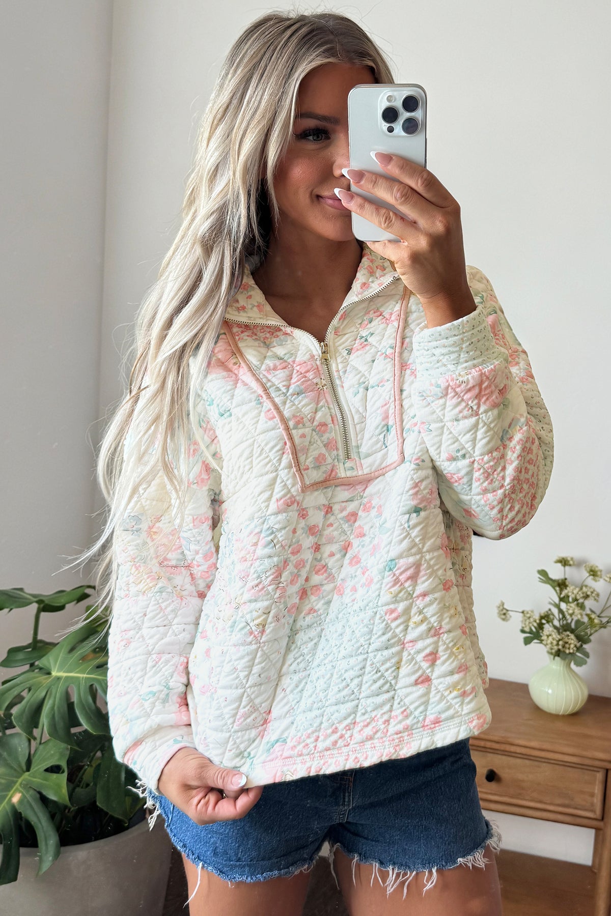 Multicolour Floral Quilted Metal Zipper Collar Long Sleeve Sweatshirt