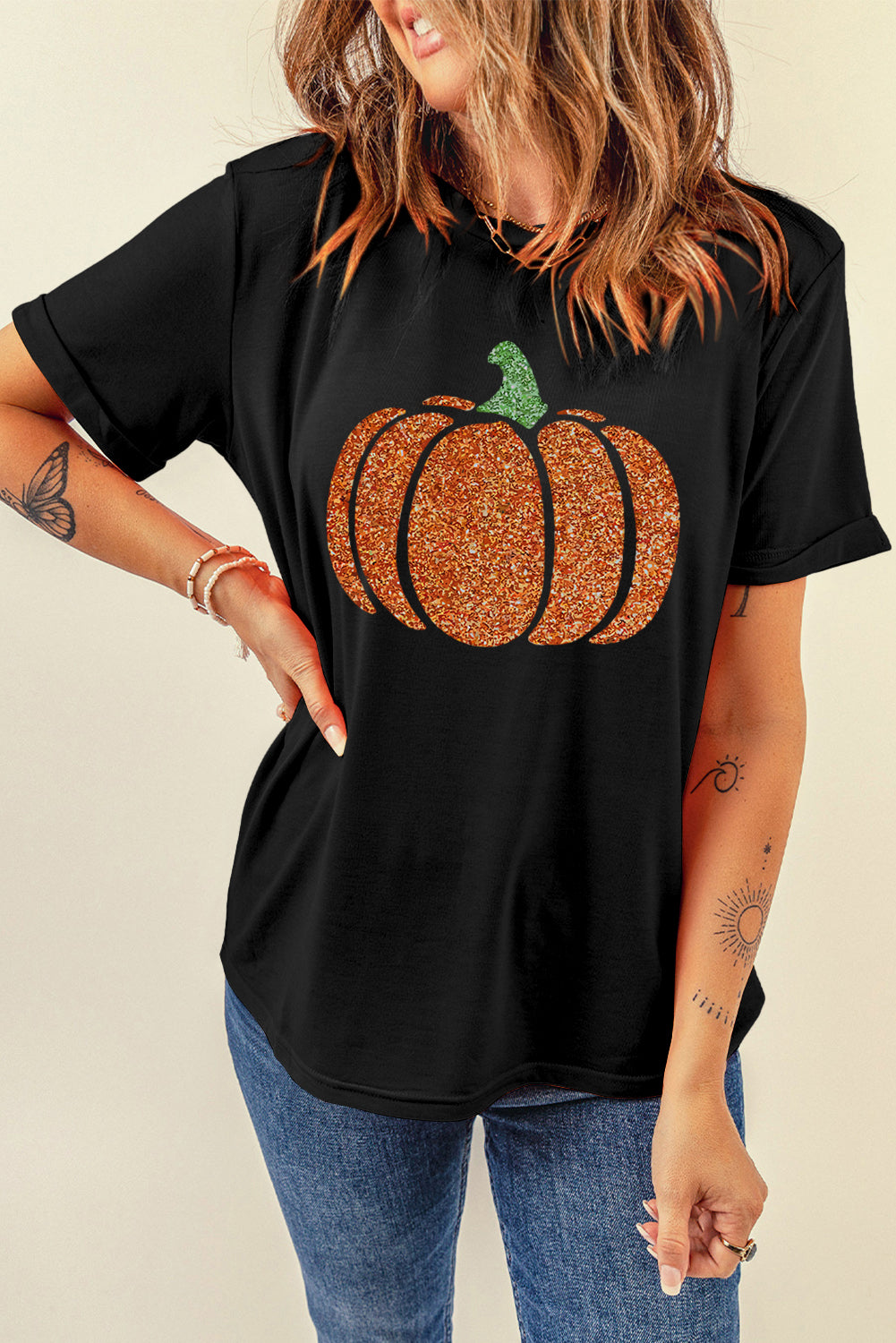 T-shirt d'Halloween noir scintillant avec motif citrouille