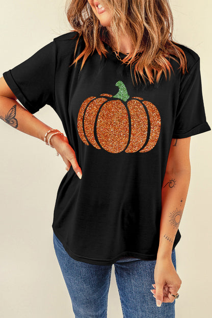 T-shirt d'Halloween noir scintillant avec motif citrouille