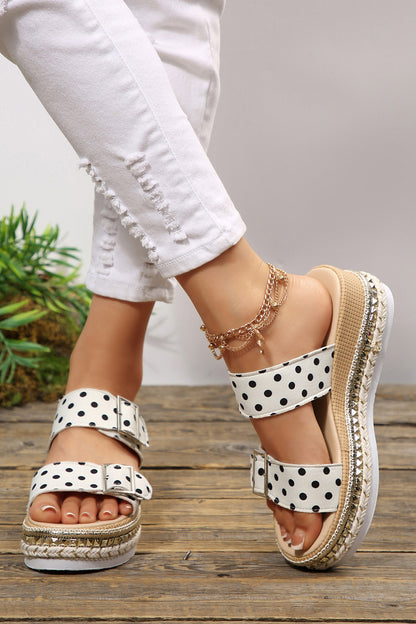 White Polka Dot Pattern Double Buckle Straps Hollow Out Platform Slippers