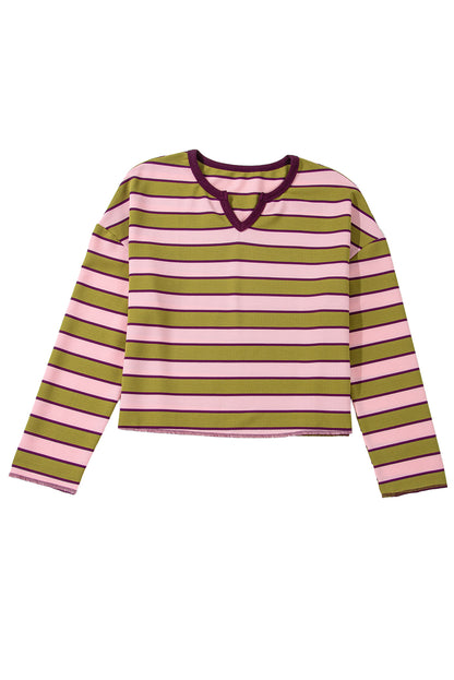 Haut à manches longues et col cranté à rayures contrastées vert épinard