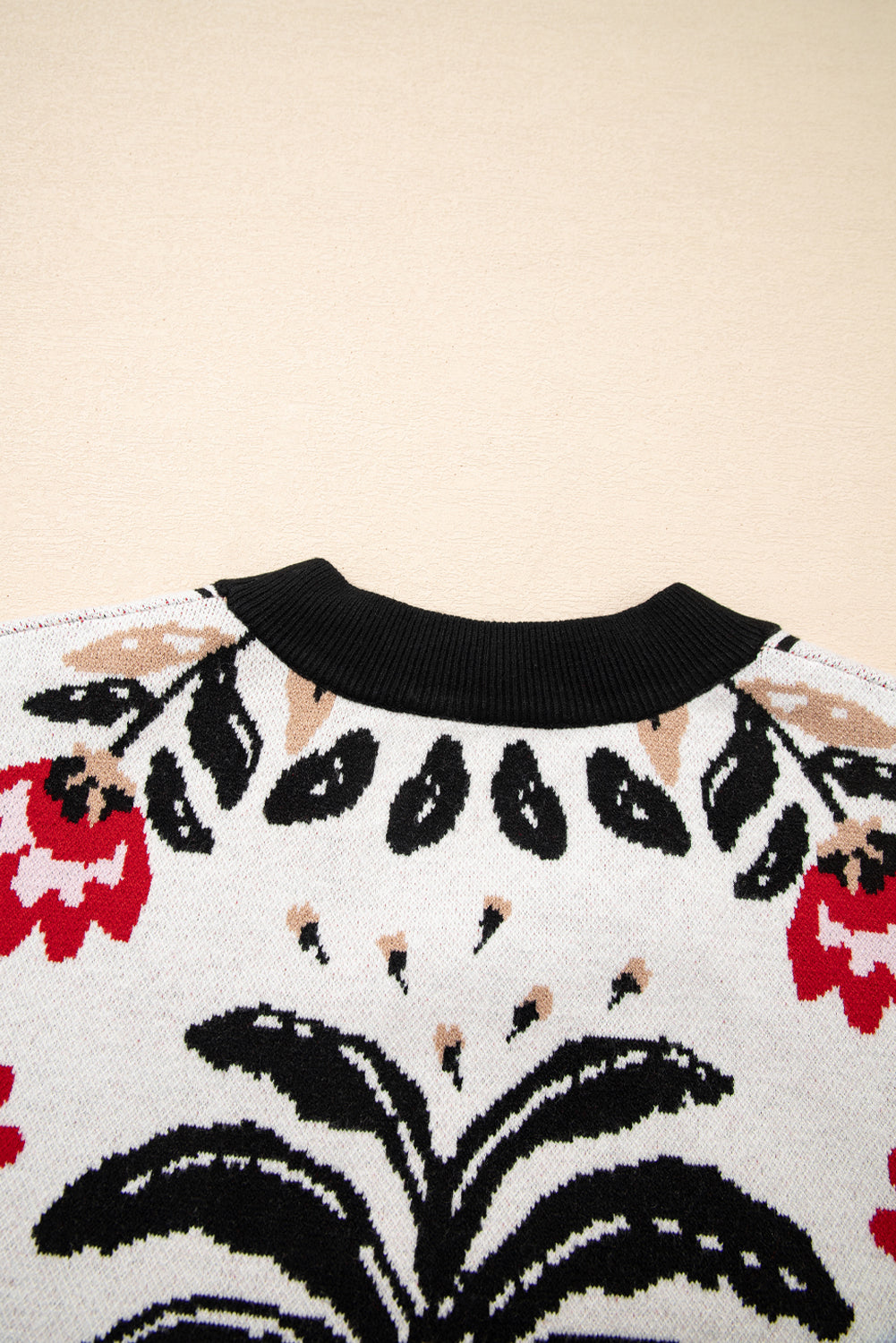 Beige Floral Print Buttoned Front V Neck Knit Cardigan