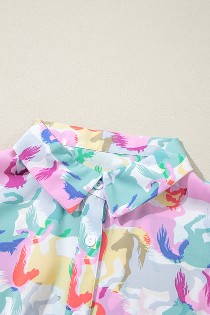 Chemise décontractée blanche à manches longues et boutons, imprimé cheval coloré