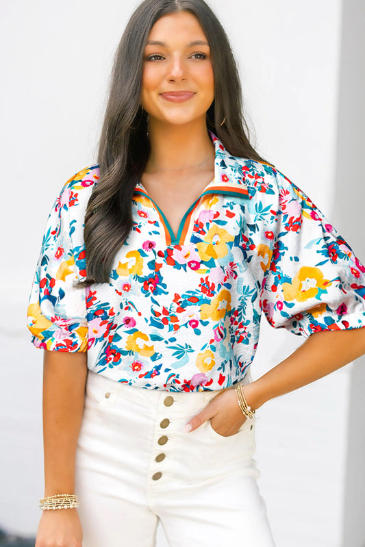 Peacock Blue Floral Print Slit V Neck Short Sleeve Blouse