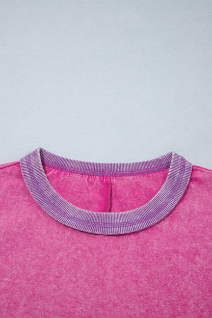 Strawberry Pink Mineral Wash Color Block Trim Bracelet Sleeve Pullover Top