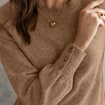 Camel Buttoned Bishop Sleeve Crew Neck Sweater