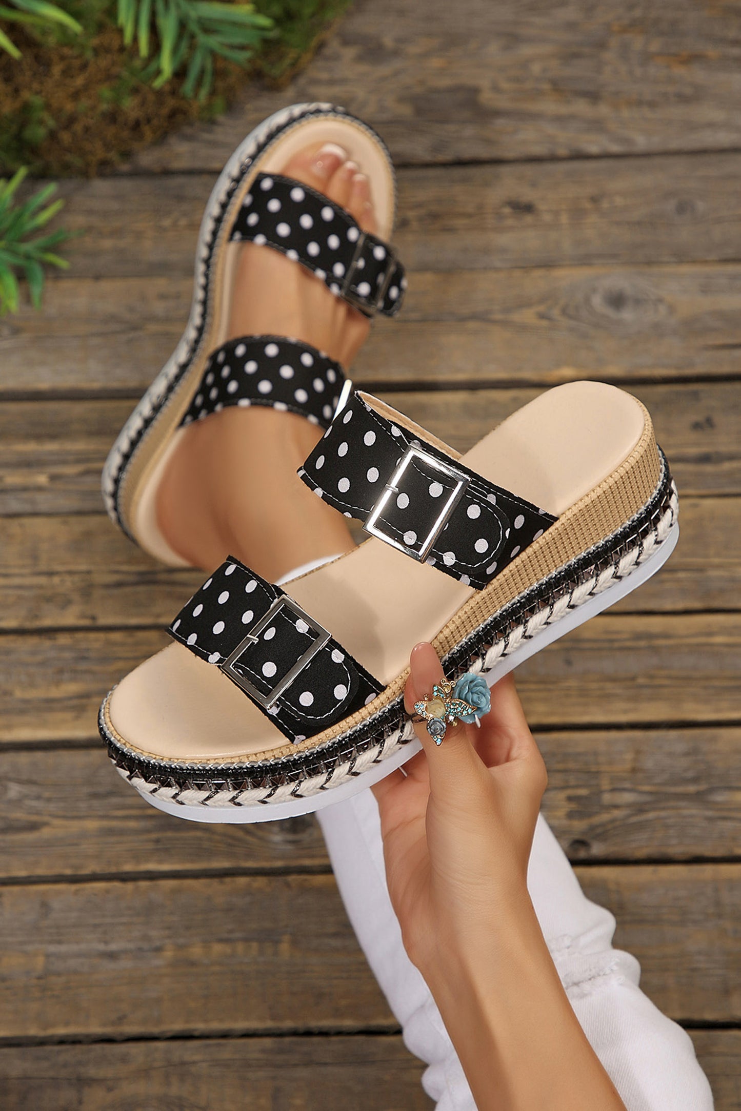 Color black Polka Dot Pattern Double Buckle Straps Hollow Out Platform Slippers