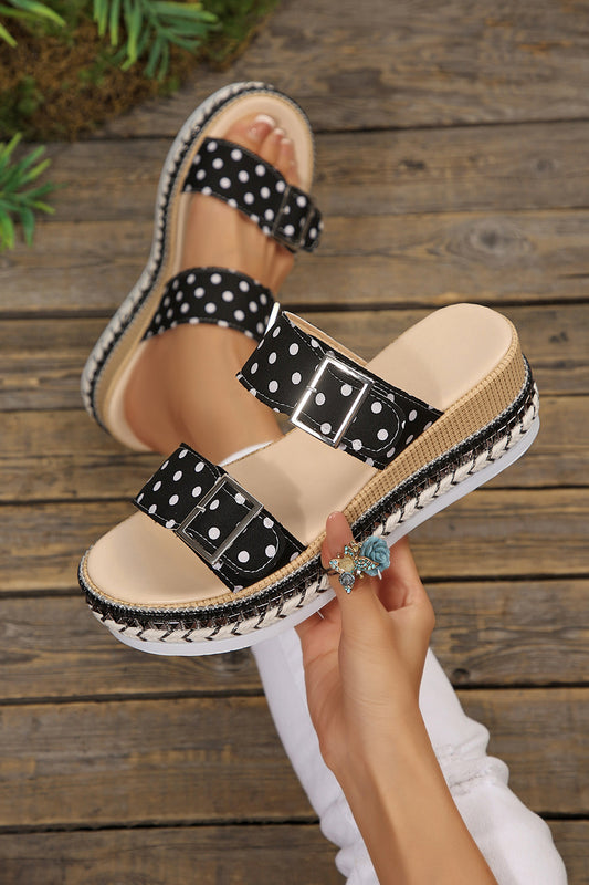 Color black Polka Dot Pattern Double Buckle Straps Hollow Out Platform Slippers