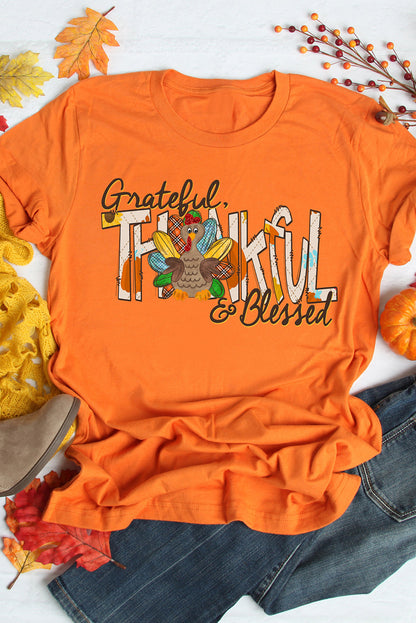 T-shirt orange avec motif de dinde reconnaissante et bénie pour Thanksgiving