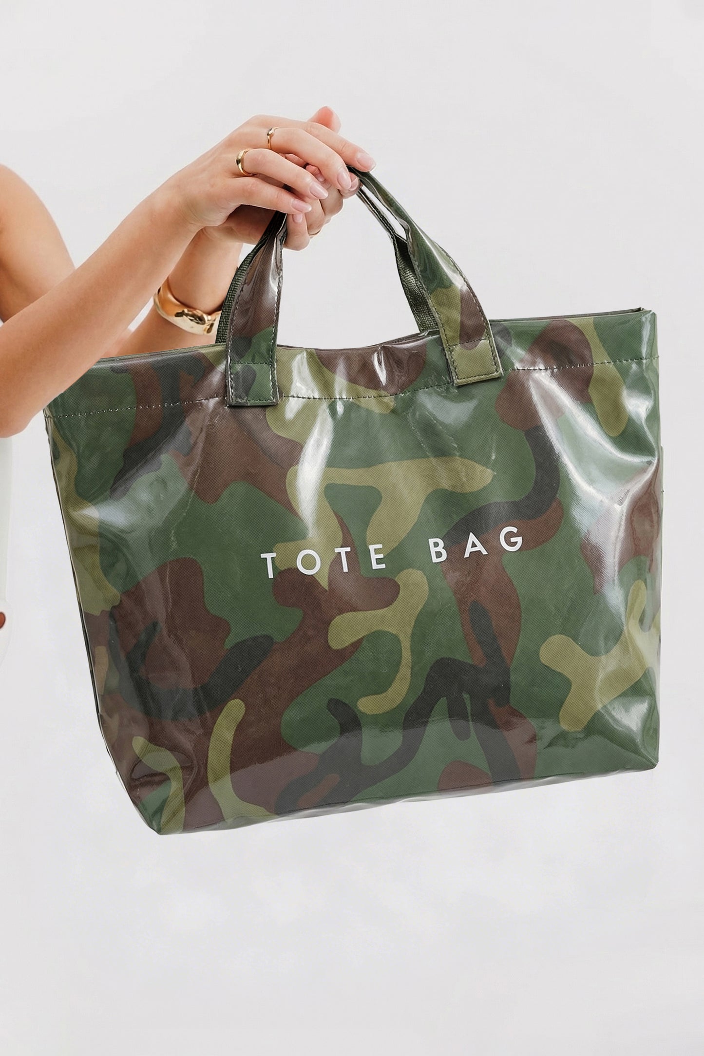 Jungle Green Camouflage Glossy PU Leather Tote Bag