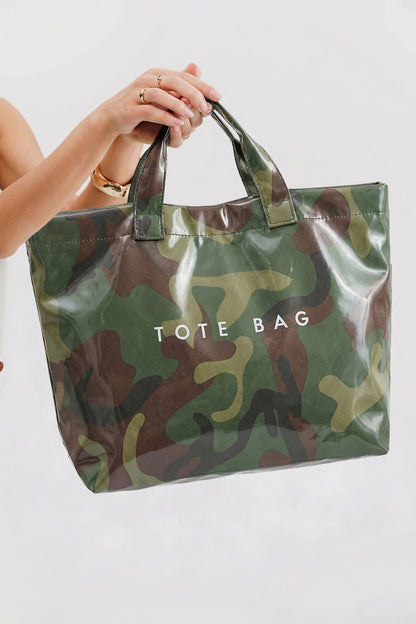Jungle Green Camouflage Glossy PU Leather Tote Bag