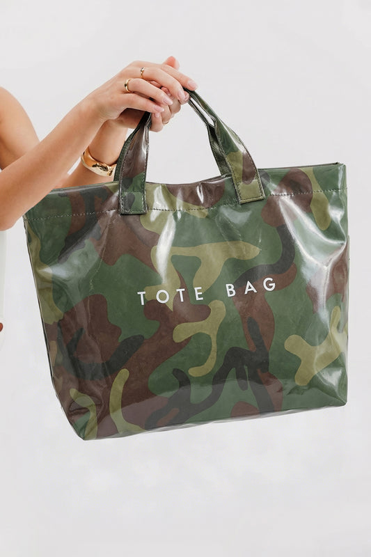 Jungle Green Camouflage Glossy PU Leather Tote Bag