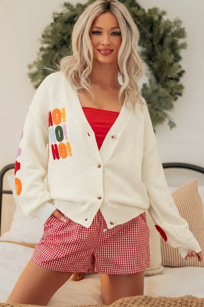 White Ho Ho Ho Slogan V Neck Button Front Embroidered Knit Cardigan
