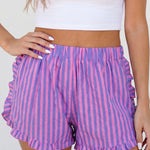 Rose Stripe Elastic Waist Ruffle Trim Casual Shorts