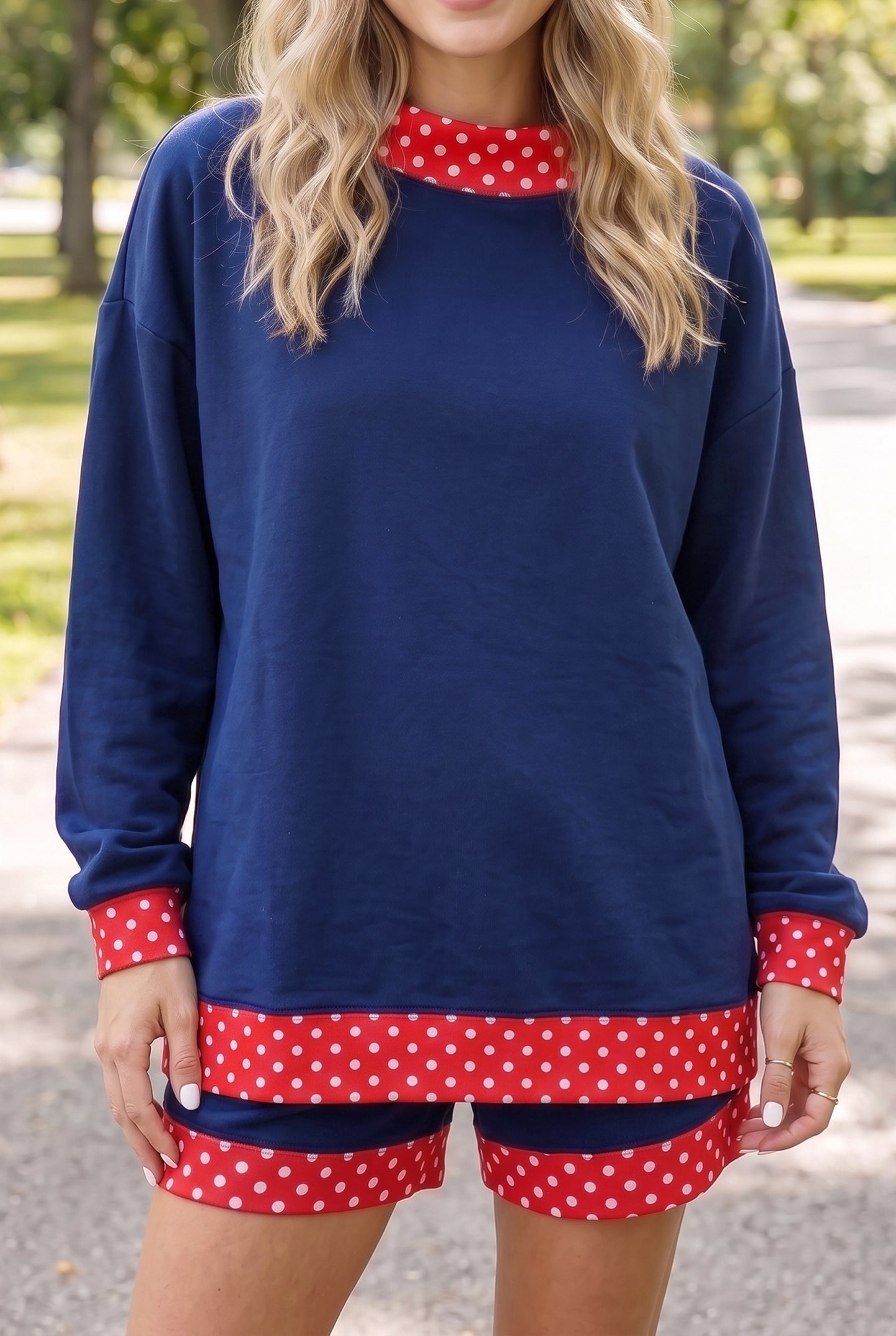 Navy Blue Polka Dot Trim Baggy Pullover 2pcs Short Set