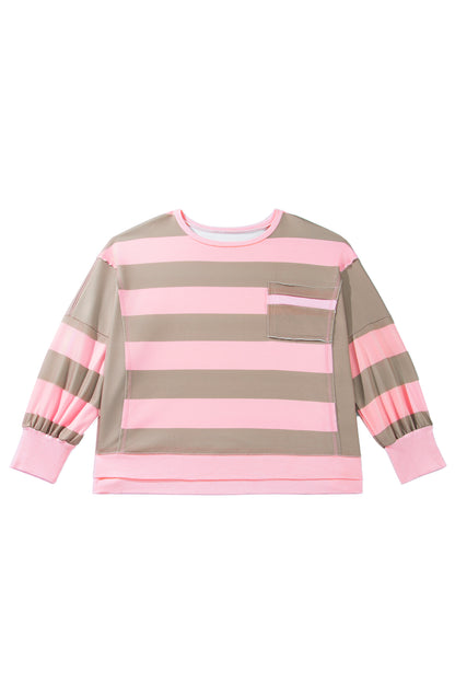 Pink Stripe Raw Seam Patchwork Drop Shoulder Plus Size Sweatshirt