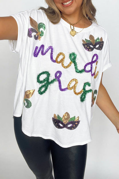 T-shirt blanc à paillettes et motif Mardi Gras
