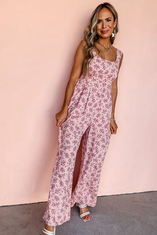 Pink Floral Scoop Neck Backless Sleeveless Jumpsuit