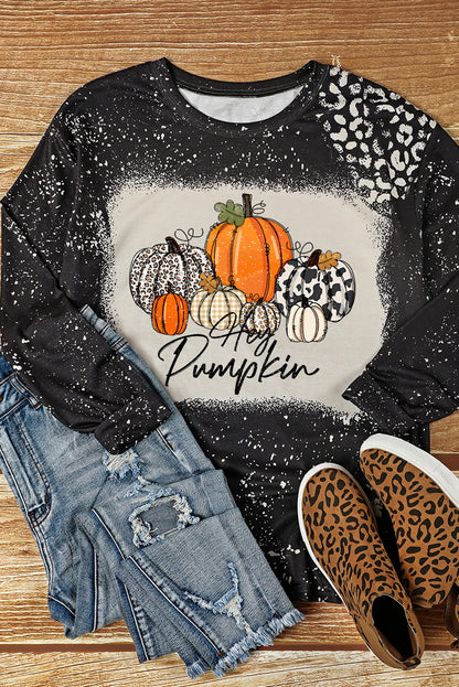 Black Leopard Bleached Pumpkin Graphic Long Sleeve Top