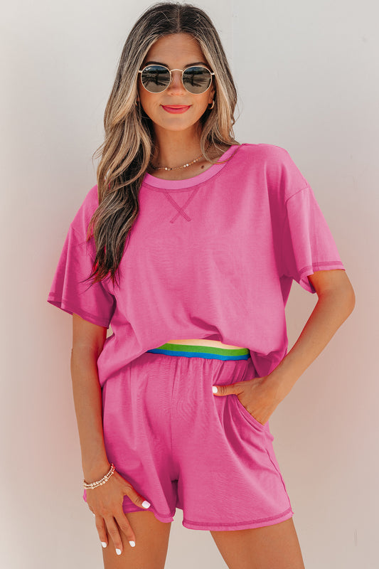 Bright Pink Seam Detail Raw Edge Tee Rainbow Waistband Casual Short Set