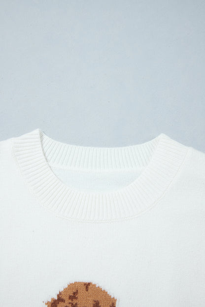 White Cozy Dog Print Dropped Shoulder Relaxed Sweater