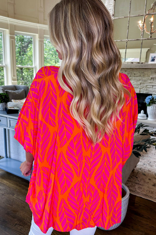 Chemisier à manches bouffantes et smockées, imprimé feuilles tropicales roses