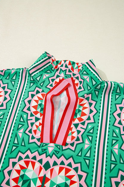 Sea Green Boho Abstract Print Contrast Striped Collared V Neck Blouse