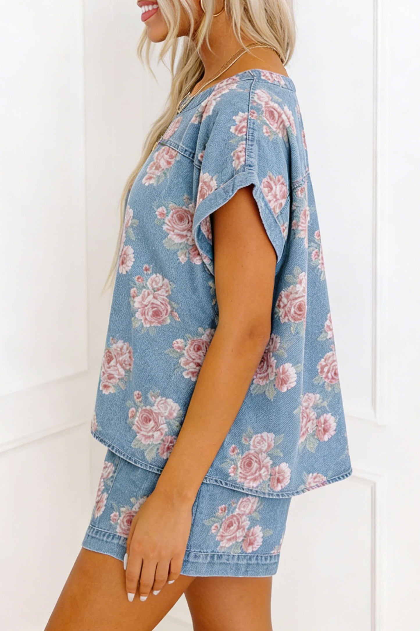 Sky Blue Floral Denim Short Sleeve Top Loose Shorts 2pcs Set