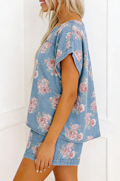 Sky Blue Floral Denim Short Sleeve Top Loose Shorts 2pcs Set