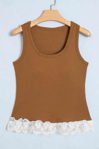 Coffee Ribbed Knit Sweet Lace Hem Vest