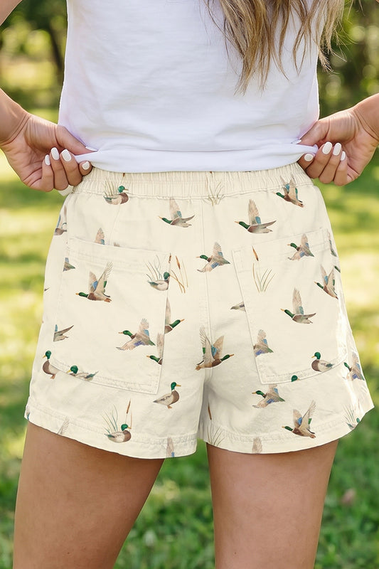 Beige Wild Duck Mallard Printed Drawstring Denim Shorts