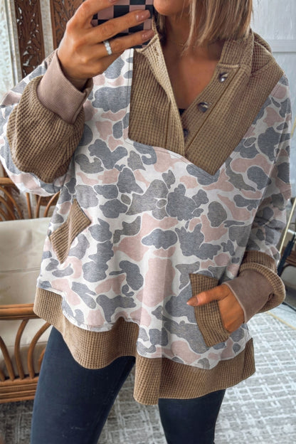 Khaki Camouflage Print Waffle Knit Patchwork Half Zip Plus Size Hoodie
