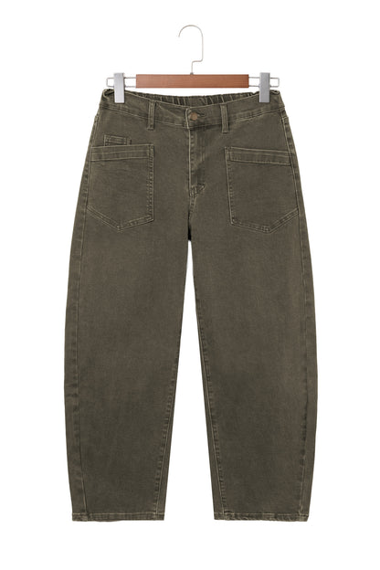 Coffee Solid Color Square Patch Pocket Ankle-length Barrel Jeans