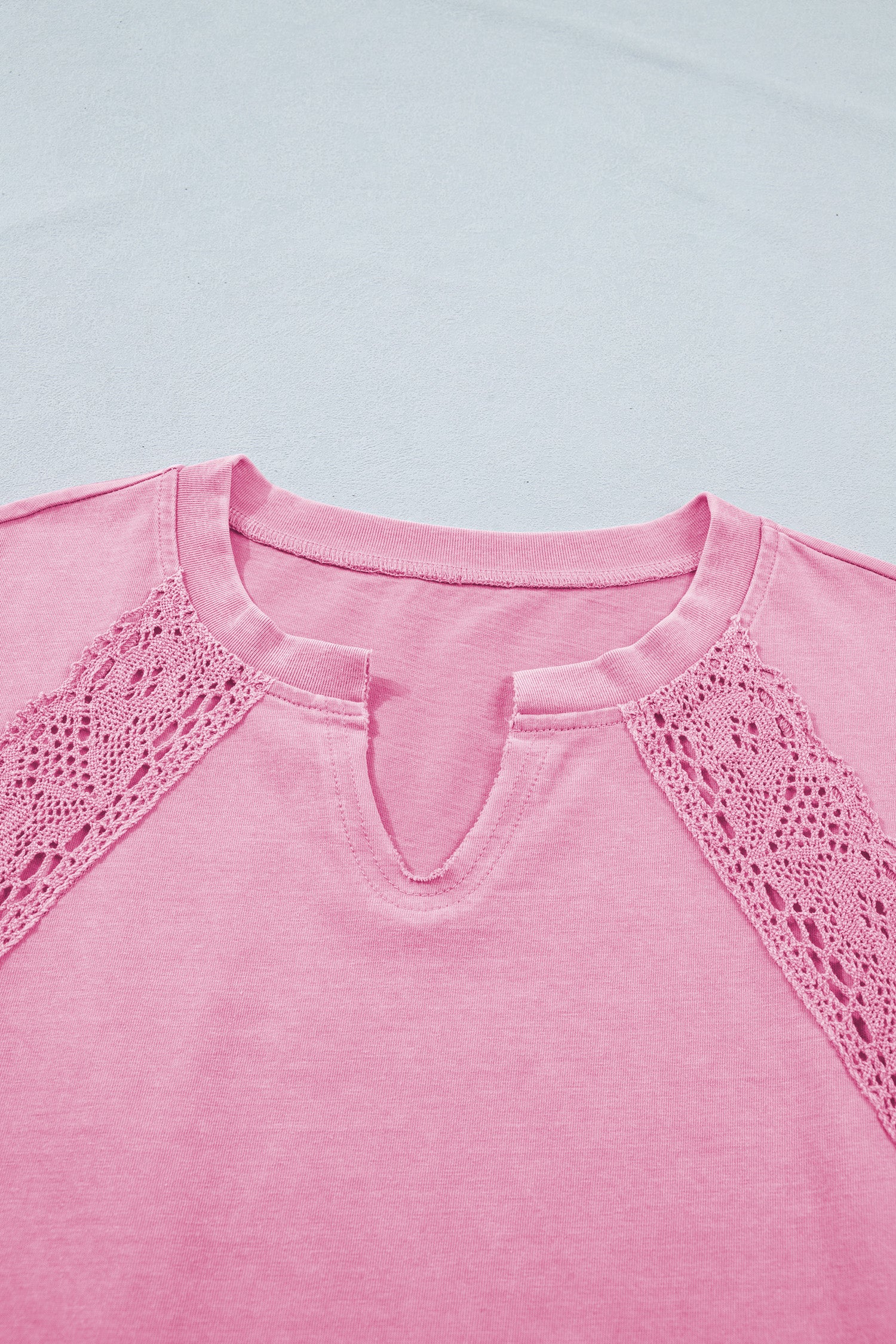 Pink Raw Cut Notched Neck Lace Patchwork Detail Mineral Wash Tee
