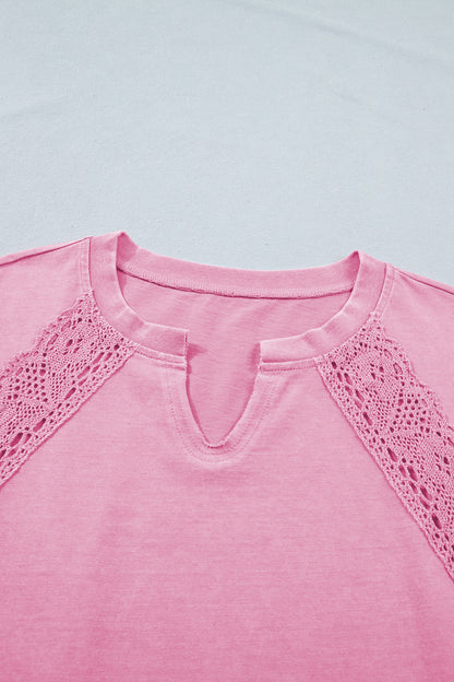 Pink Raw Cut Notched Neck Lace Patchwork Detail Mineral Wash Tee