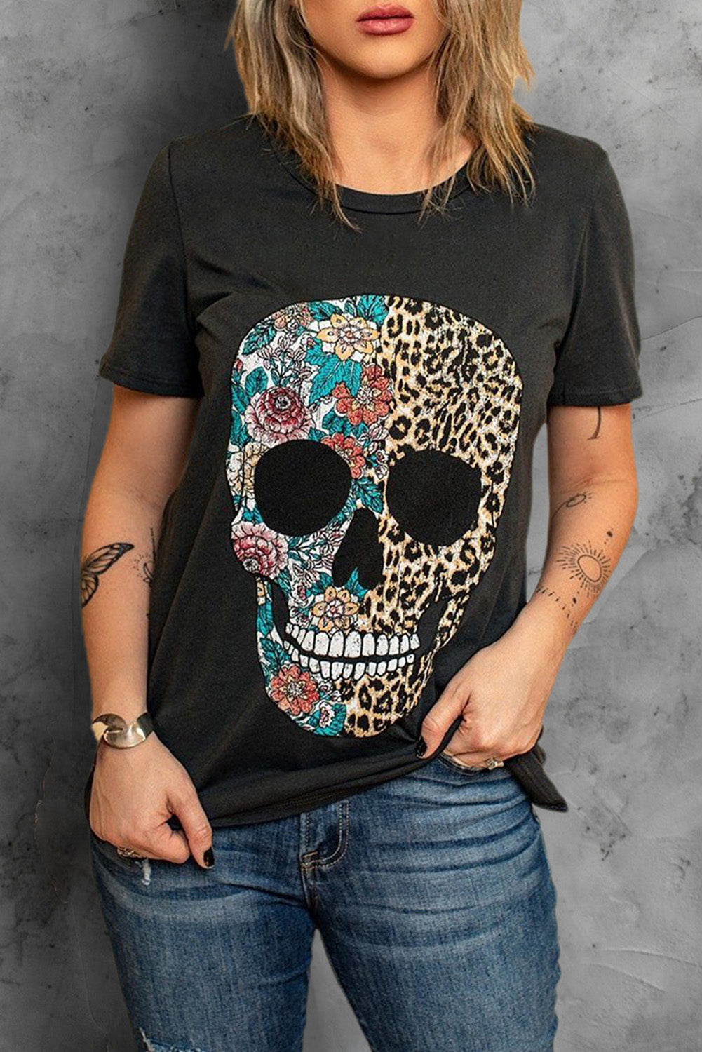 T-shirt léopard et tête de mort florale