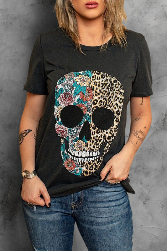 T-shirt léopard et tête de mort florale