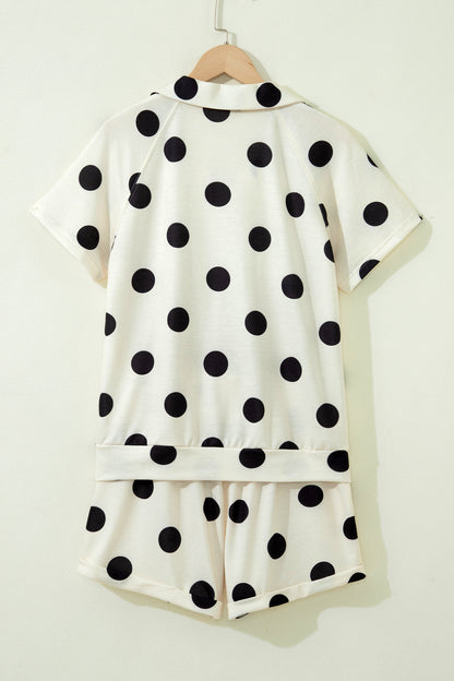 Green Polka Dot Print V Neck Tee Short Set