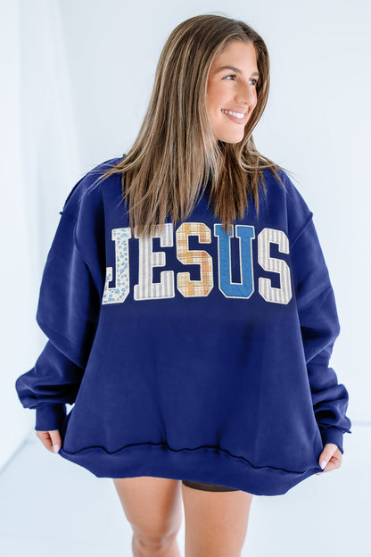 Navy Blue JESUS Mixed Pattern Embroidered Patch Graphic Mock Neck Sweatshirt