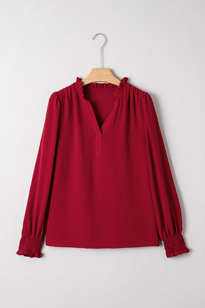 Burgundy Notched Neck Shirred Cuff Long Sleeve Blouse