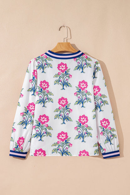 White Floral Print Striped V Neck Blouse